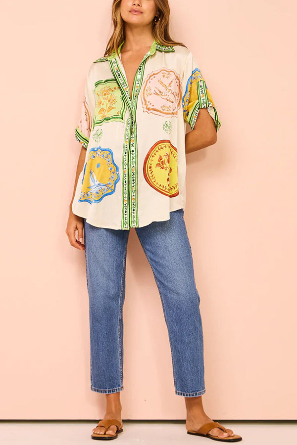 Tropical Escapes Satin Unique Print Shirt and Elastic Waist Pocketed Button Shorts Set-consonak