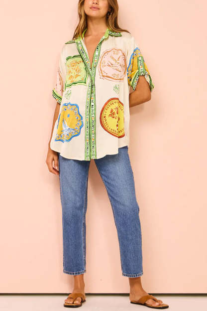 Tropical Escapes Satin Unique Print Shirt and Elastic Waist Pocketed Button Shorts Set-consonak