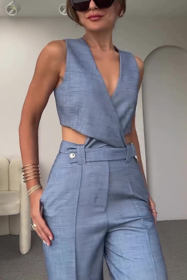 Crossover Slim Fit Sleeveless Vest and High Waisted Wide Leg Pants Set-consonak