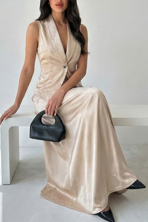 Satin Solid Color Sleeveless Button-down Vest and Elegant Draped Maxi Skirt Set-consonak