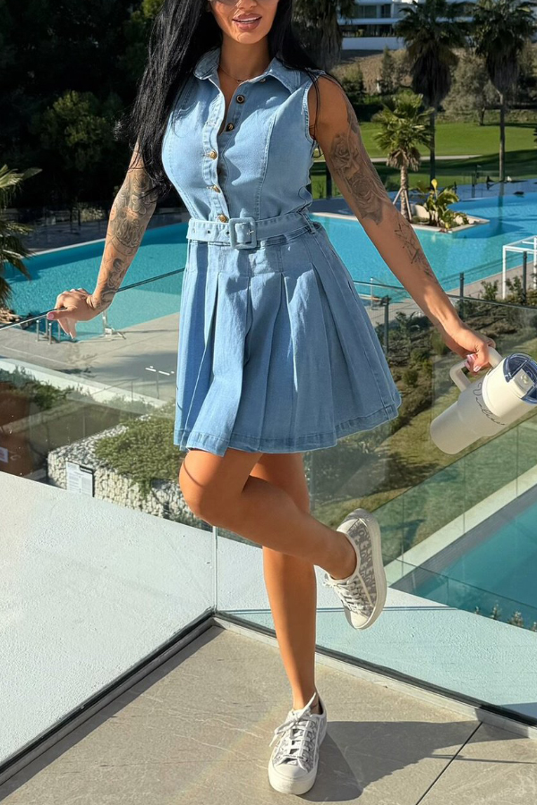 Stylish Collared Sleeveless Button-down Belted Casual Denim Mini Dress