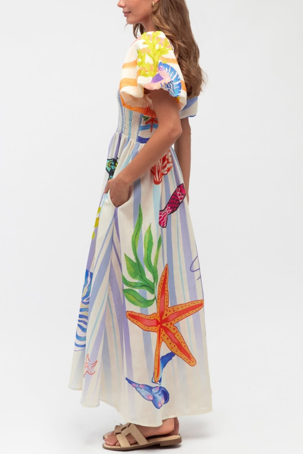 Marine Creature Print Square Neck Puff Sleeve Pleated Casual Pocket Maxi Dress-consonak