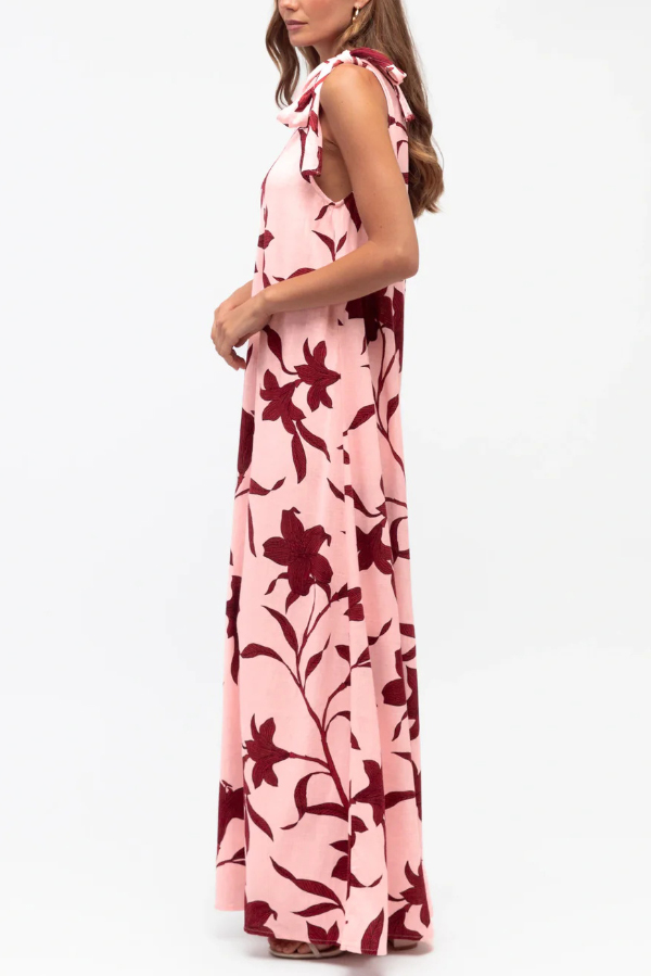 Botanical Print Sleeveless One-shoulder Tie-up Casual Vacation Maxi Dress-consonak