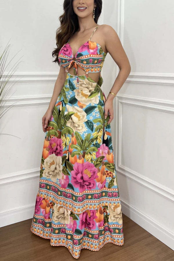 Mexico Style Tropical Print Ring Cutout Lace-up Vacation Maxi Dress-consonak