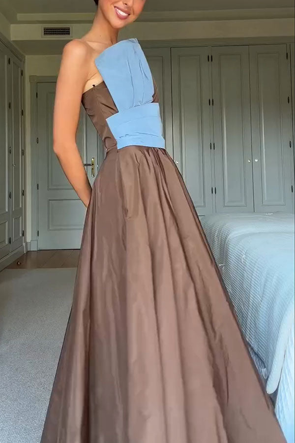 Modern Structured Color Block Off Shoulder Pocket Umbrella Hem Maxi Dress