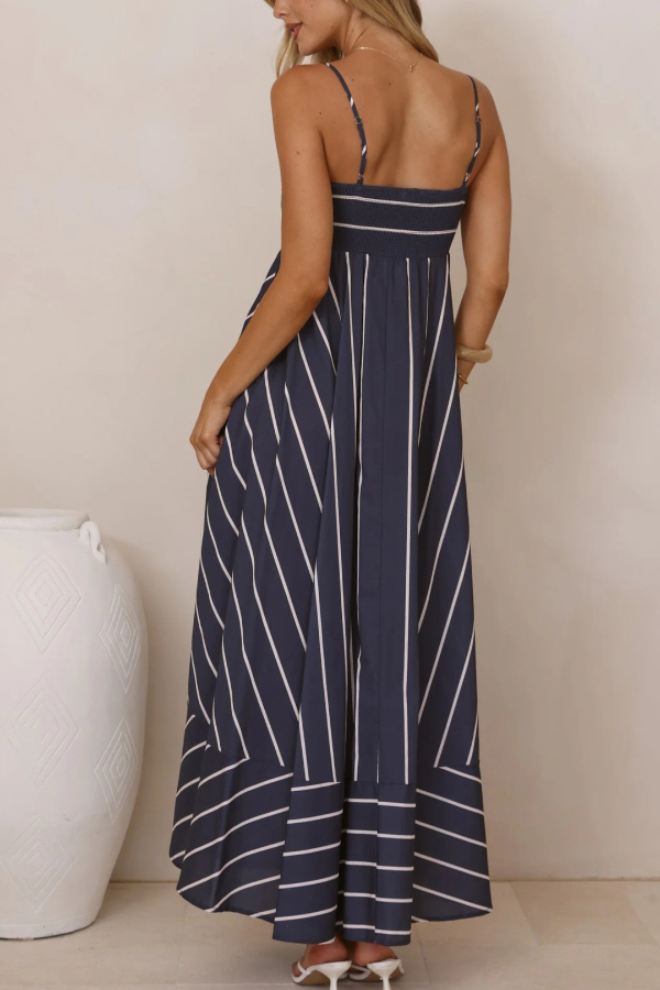 Striped Print Square Neck Spaghetti Strap High Waist Casual Maxi Dress-consonak