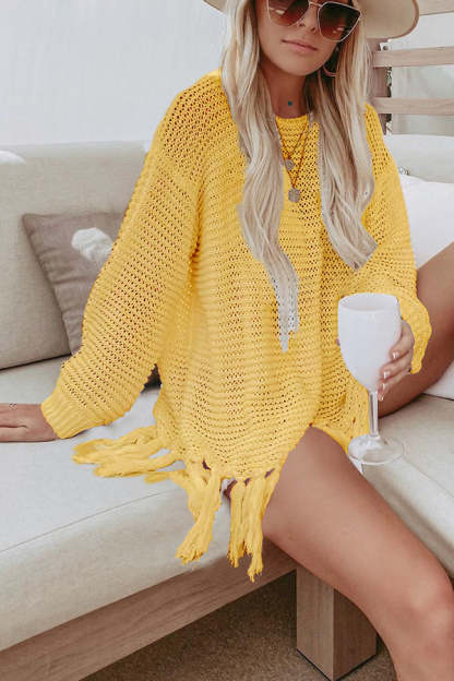 Easy Breezy Knit Long Sleeve Tassel Cover Up-consonak
