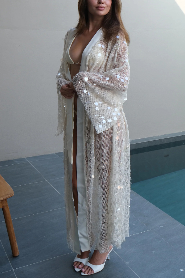 Fashionable Sequined Loose Long-sleeved Tie-front Holiday Casual Cover-up
