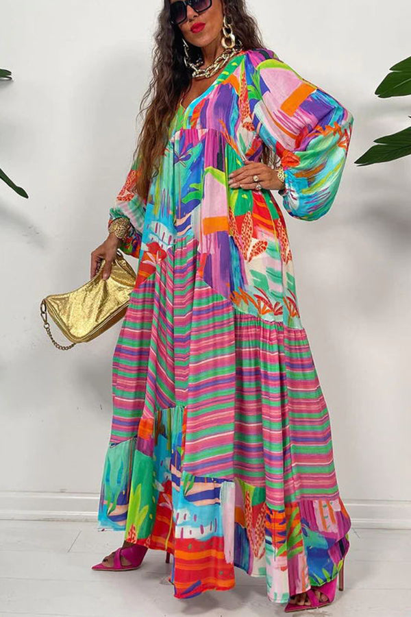 Bloom with A View Colorful Geometric Swing Maxi Dress-consonak