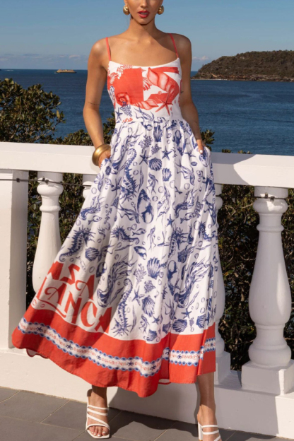 Unique Print Spaghetti Strap Gathered Holiday Maxi Dress-consonak