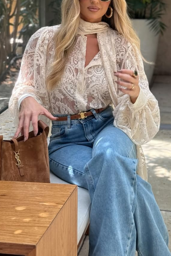 Solid Color Sheer Lace Elegant Ribbon Long-sleeved Shirt