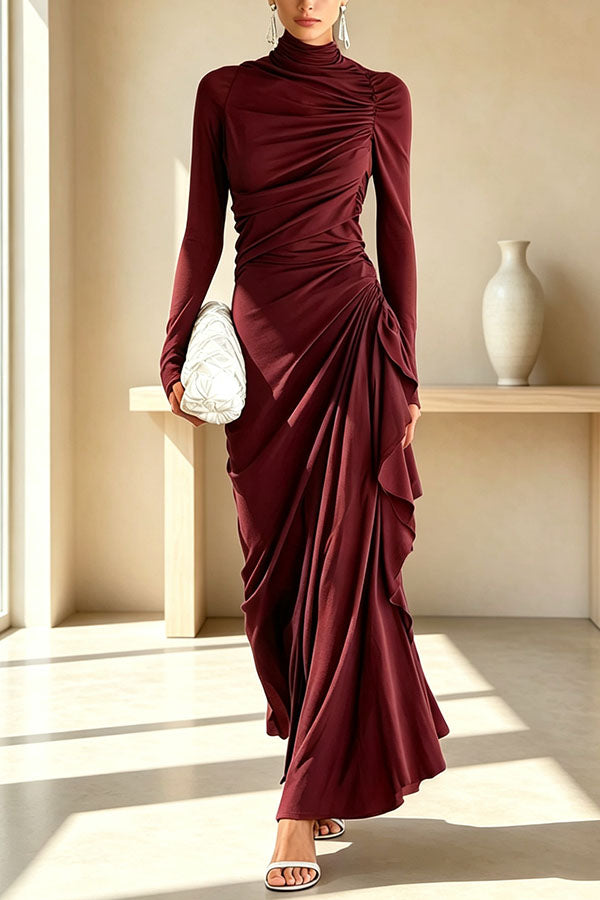 Elegant High Neck Long Sleeve Pleated Draped Fitted Maxi Dress-Consonak