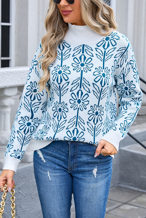 Fashionable Floral Knitted Turtleneck Loose Sweater-consonak