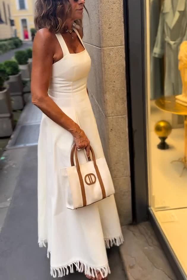 Bohemian Square Neck Pocket Tassel Holiday Maxi Dress-consonak