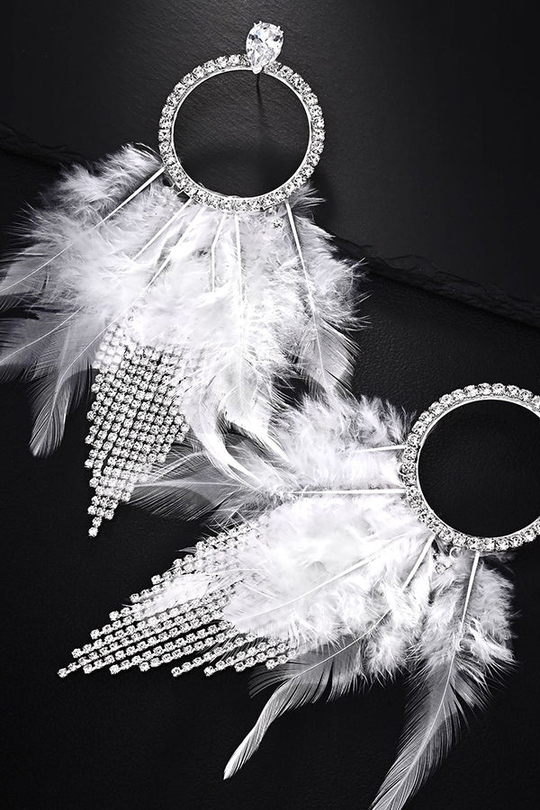 Rhinestone and Feather Tassel Earrings-Consonak