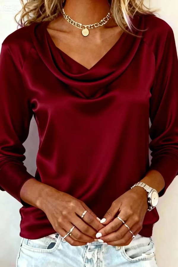 Solid Color Satin Casual Long-sleeved Draped Shirt-consonak