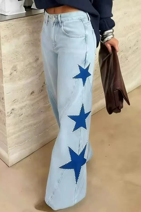 Jessy Denim Mid Rise Side Star Pattern Pocket Wide Leg Jeans | Consonak