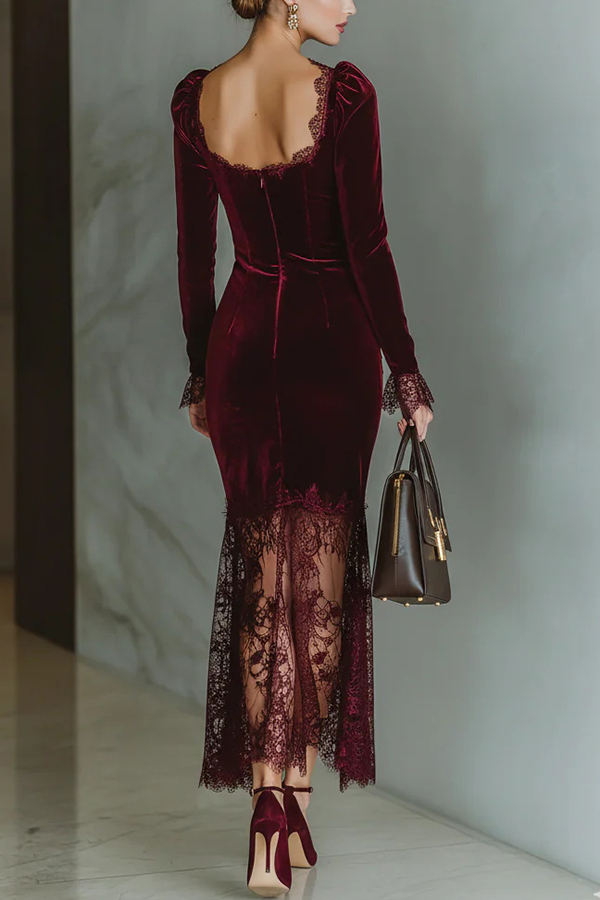 Fashionable Velvet and Lace Patchwork Square Neck Long-sleeved Maxi Dress | Consonak