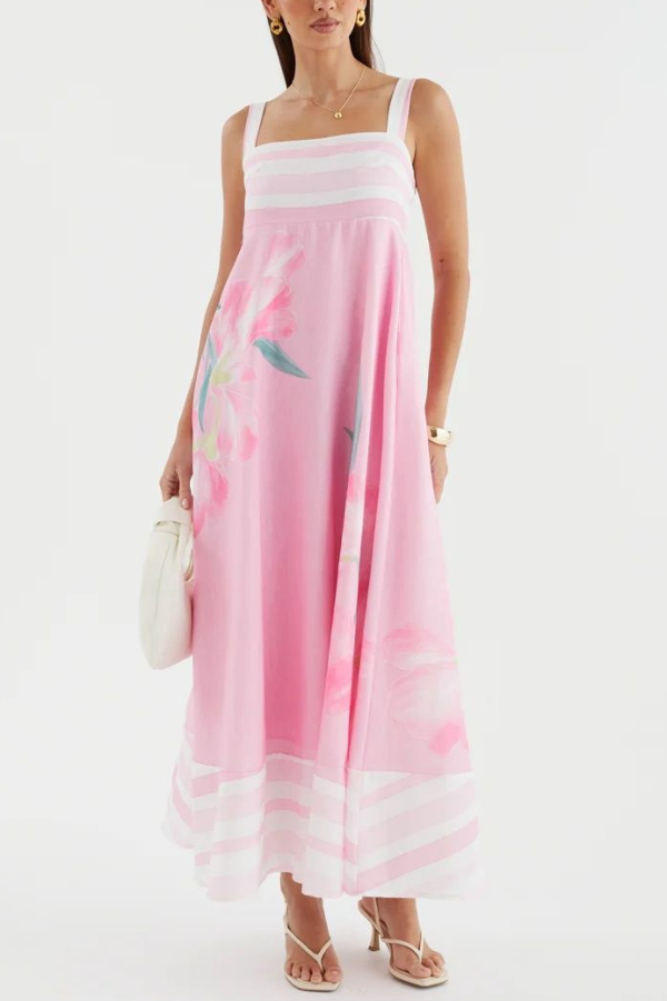 Floral Print Sleeveless Square Neck Casual Pocket Holiday Maxi Dress