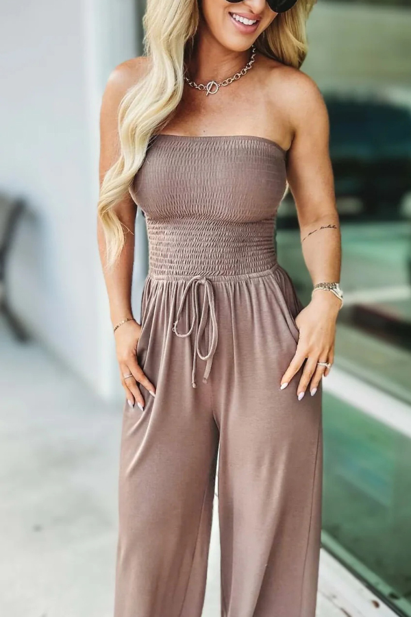 Solid Color Sleeveless Off-shoulder Pleated Loose Pocket Casual Wide-leg Jumpsuit-consonak