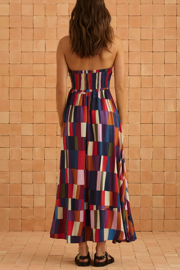 Retro Chic Linen Blend Colorful Color Block Strapless Back Smocked Midi Dress | Consonak