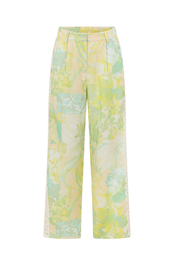 Summer Elegant Printed Curved Crochet Trim Camisole Top and Elastic Waist Casual Pocket Wide-leg Pants Set-Consonak