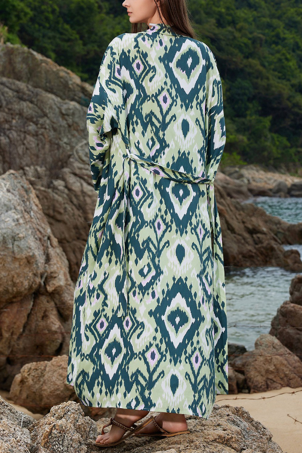 Unique Printed Loose Long-Sleeved Tie-Waist Holiday Extra-Long Cover-Up Robe-consonak