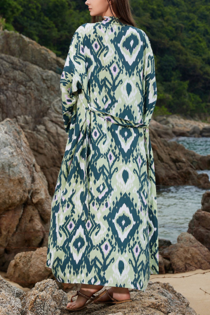 Unique Printed Loose Long-Sleeved Tie-Waist Holiday Extra-Long Cover-Up Robe-consonak