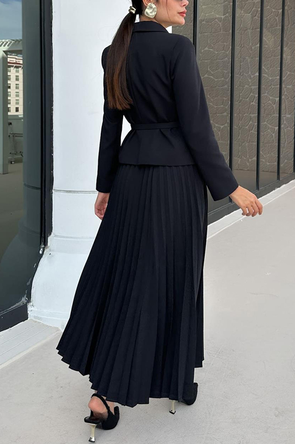 Solid Color Lapel Button Belt Blazer and Pleated Casual Maxi Skirt Set-consonak