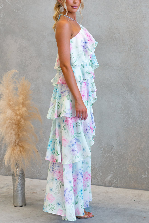 Poetic Eden Chiffon Floral Print Tiered Ruffles Halter A-line Maxi Dress | Consonak