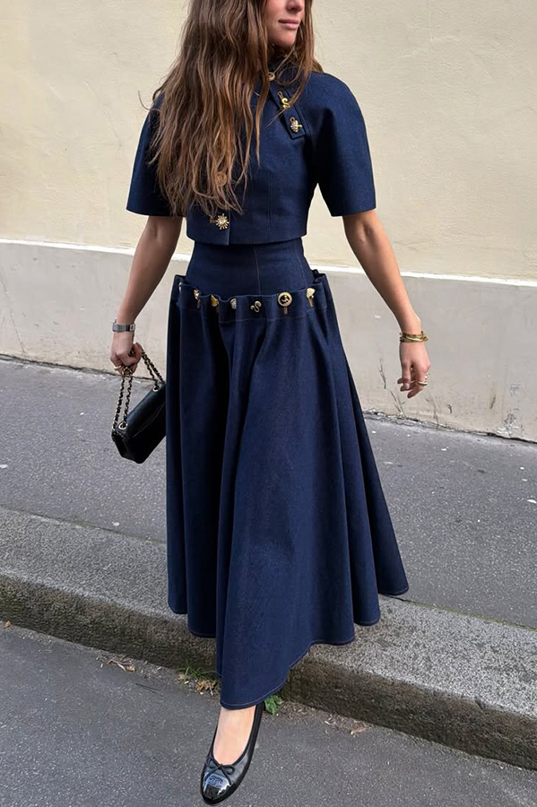 Custom Look Denim Unique Metal Pattern Buttons Lace-up Waist Crisp Hem Maxi Skirt