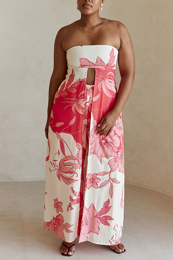 Flora Sunset Linen Blend Printed Front Slit Strapless Midi Top and High Rise Pocket Loose Pants Set