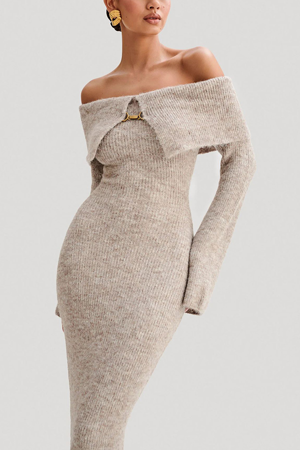 Solid Color Off-shoulder Long-sleeved Elegant Slim-fit Knit Maxi Dress-consonak
