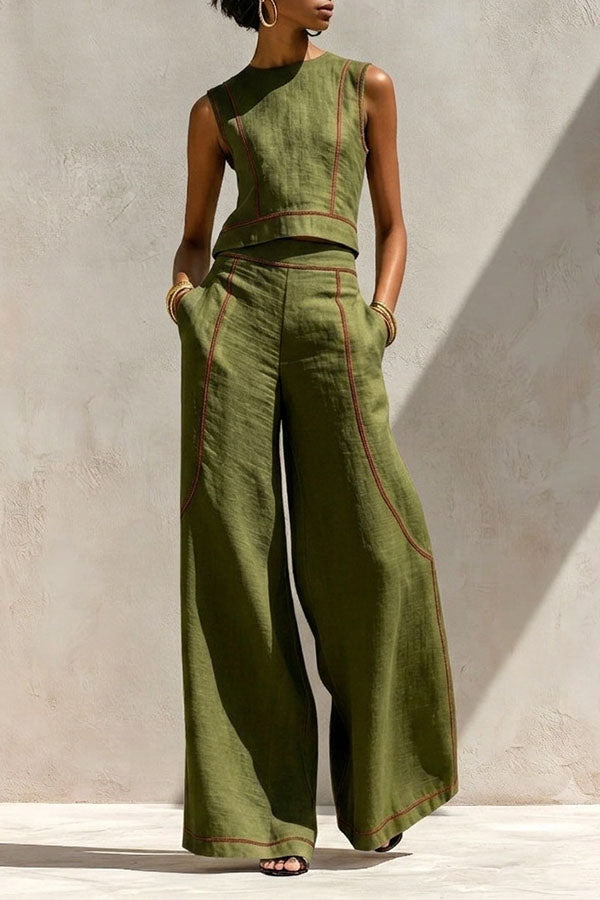 Elysia Contrast-Stitch Linen Two-Piece Set-Consonak