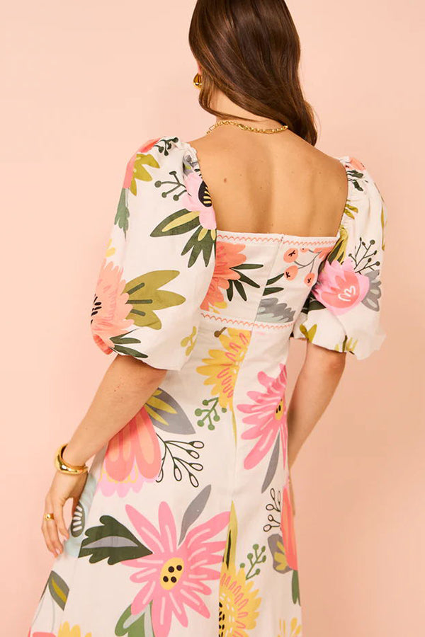 Looking for Sunshine Floral Print Square Neck Bubble Sleeve Maxi Dress-consonak