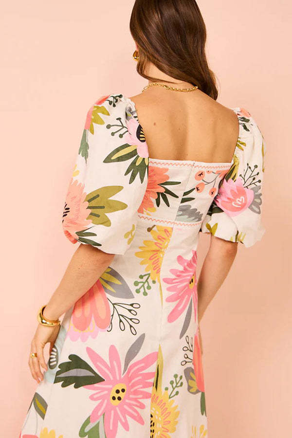 Looking for Sunshine Floral Print Square Neck Bubble Sleeve Maxi Dress-consonak