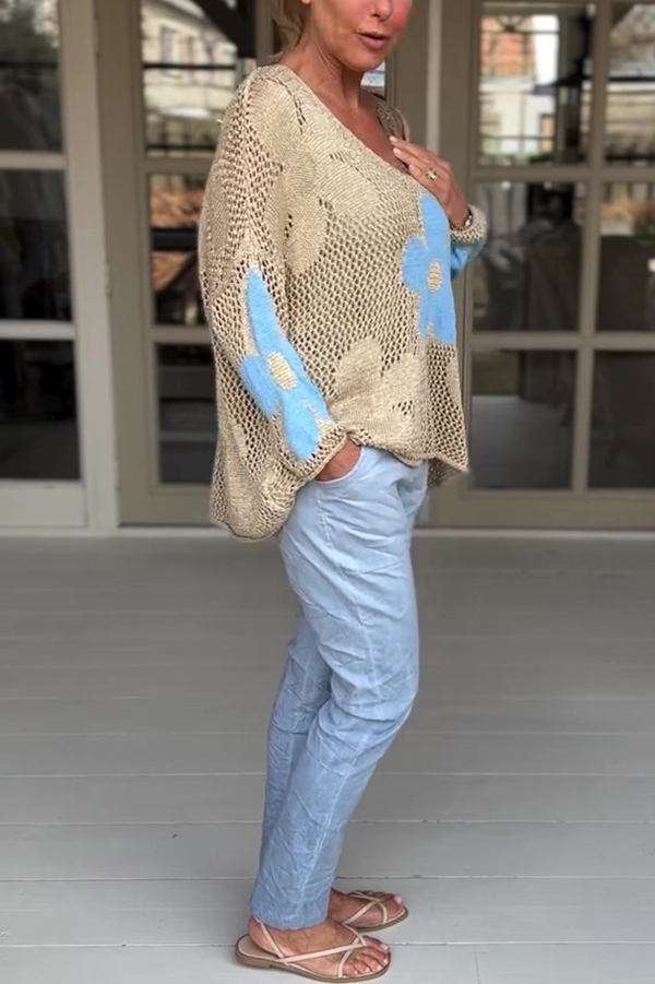 Embroidered Flower Hollow Long-sleeved Holiday Loose Knitted Top-consonak