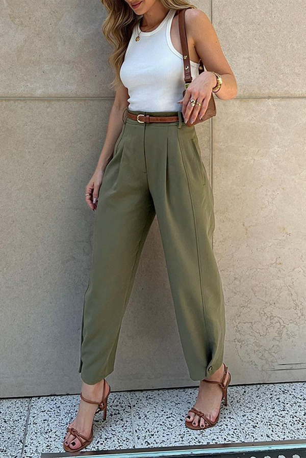 Solid Color High-waisted Belted Loose-fitting Suit Pants-consonak