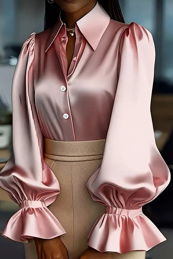 Solid Color Satin Puff Sleeve Casual Button-down Shirt-consonak