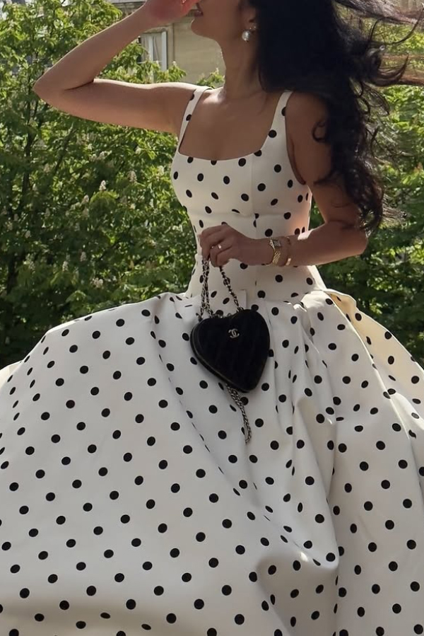 Polka Dot Print Square Neck Sleeveless Holiday Maxi Dress