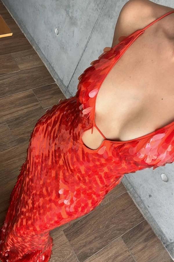 Reshape Beauty Fish Scale Sequin Cutout U-neck Slip Maxi Dress