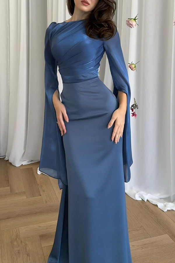 Liora Ruched Organza and Satin Patchwork Design Long Bell Slit Sleeve Maxi Dress-consonak