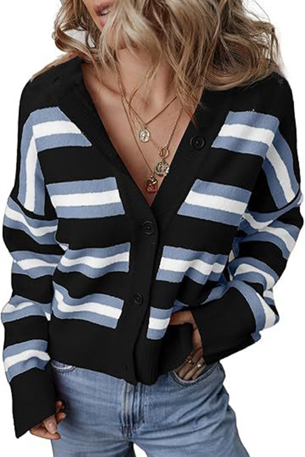 Colorblock Striped Knitted Long-sleeve Cardigan-consonak