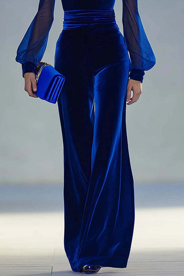 Solid Color Velvet V-neck Long-sleeved Elegant Fitted Jumpsuit-consonak