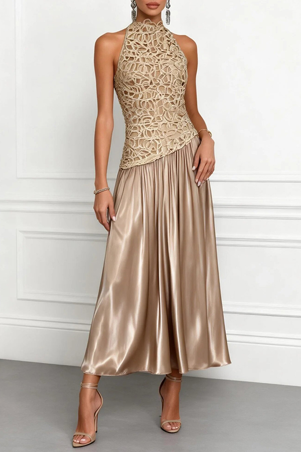 Spring Garden Galas Lace Satin Crew Neck Sleeveless A-Line Maxi Dress | Consonak