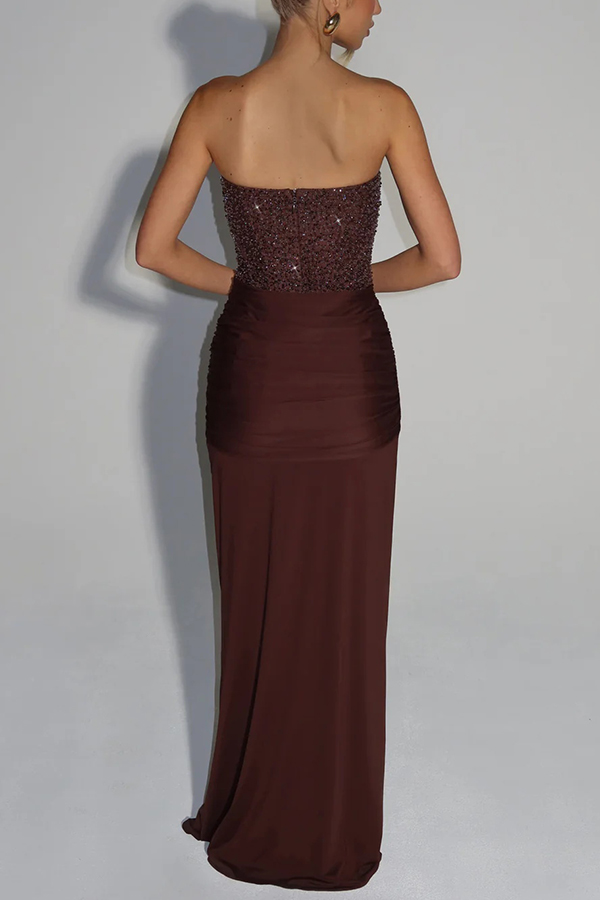 Carina Sequined and Satin Jersey Off Shoulder Ruched Knot Drape Maxi Dress-consonak