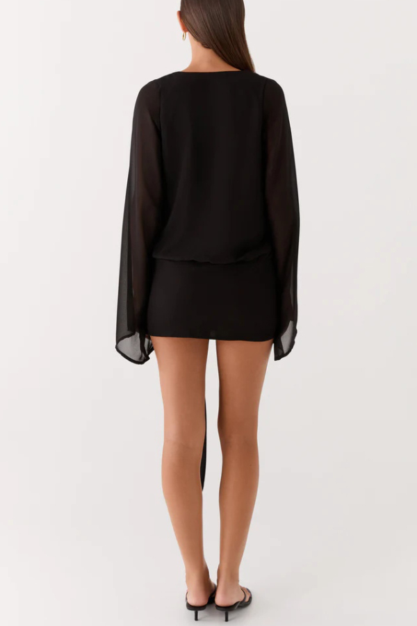 Tie-dye Print V-neck Long-sleeved Ribbon Vacation Mini Dress-consonak