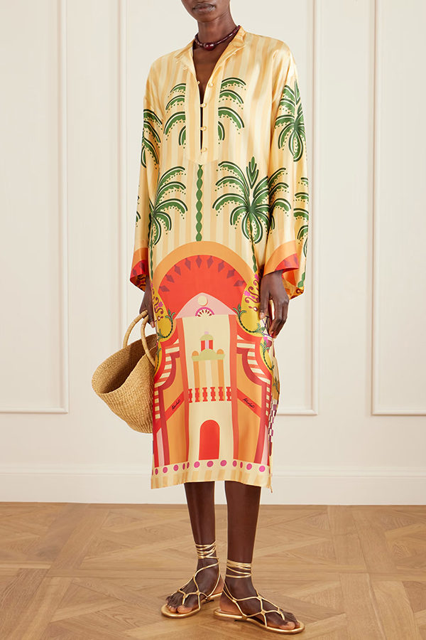 Vibrant Satin Urban Landscape Print Button Long Sleeve Slit Kaftan Midi Dress