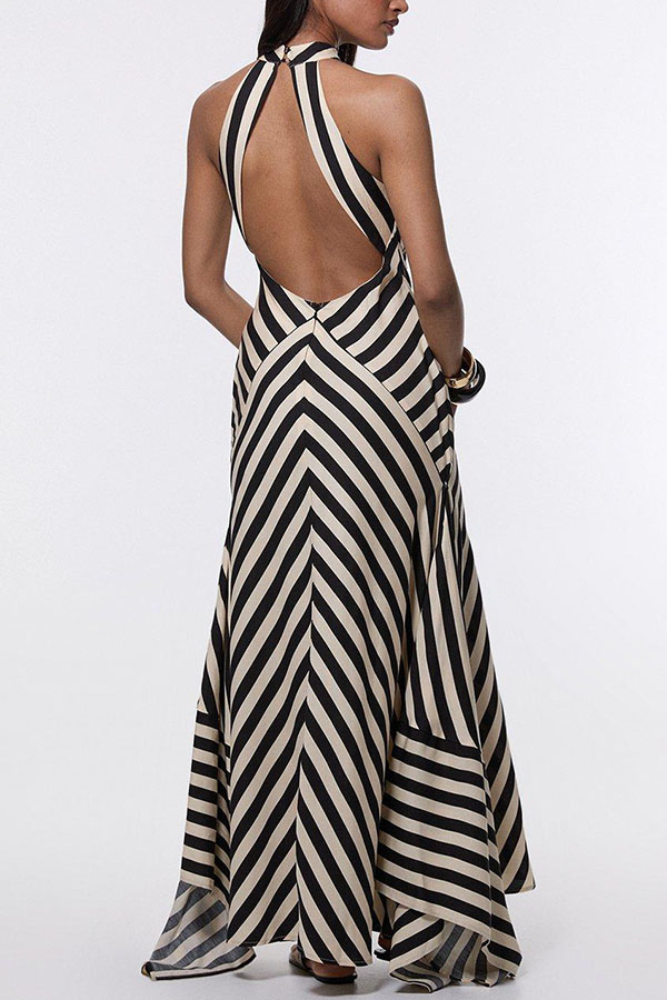 Modern Perfection Geometric Stripes Print Open Back Irregular Hem Maxi Dress-consonak