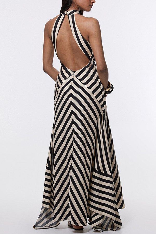 Modern Perfection Geometric Stripes Print Open Back Irregular Hem Maxi Dress-consonak